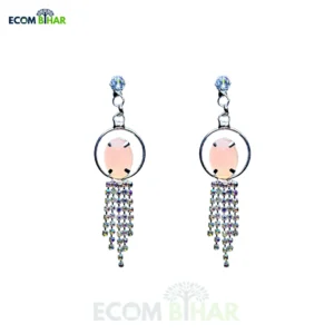 Dazzling Silver Tassel Earrings with Pink Stone & Rhinestone Chains