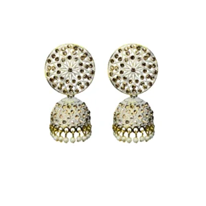 Kundan & Meena Work White Gold Jhumka Earrings