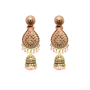Peach & Gold Intricate Tiered Jhumka Earrings
