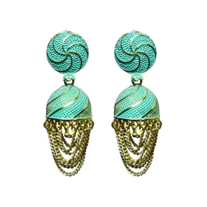 Teal Swirl Enamel & Chain Jhumka Earrings