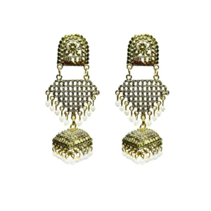 Antique Gold Tone Triple-Layer Statement Dangler Earrings with Pearl