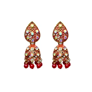 Stunning Red & Gold Kundan Style Jhumka Earrings with Pearl Drops