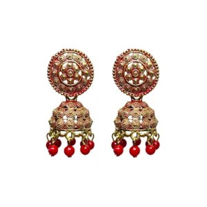 Classic Red & Gold Filigree Jhumka Earrings with Red Bead Drops