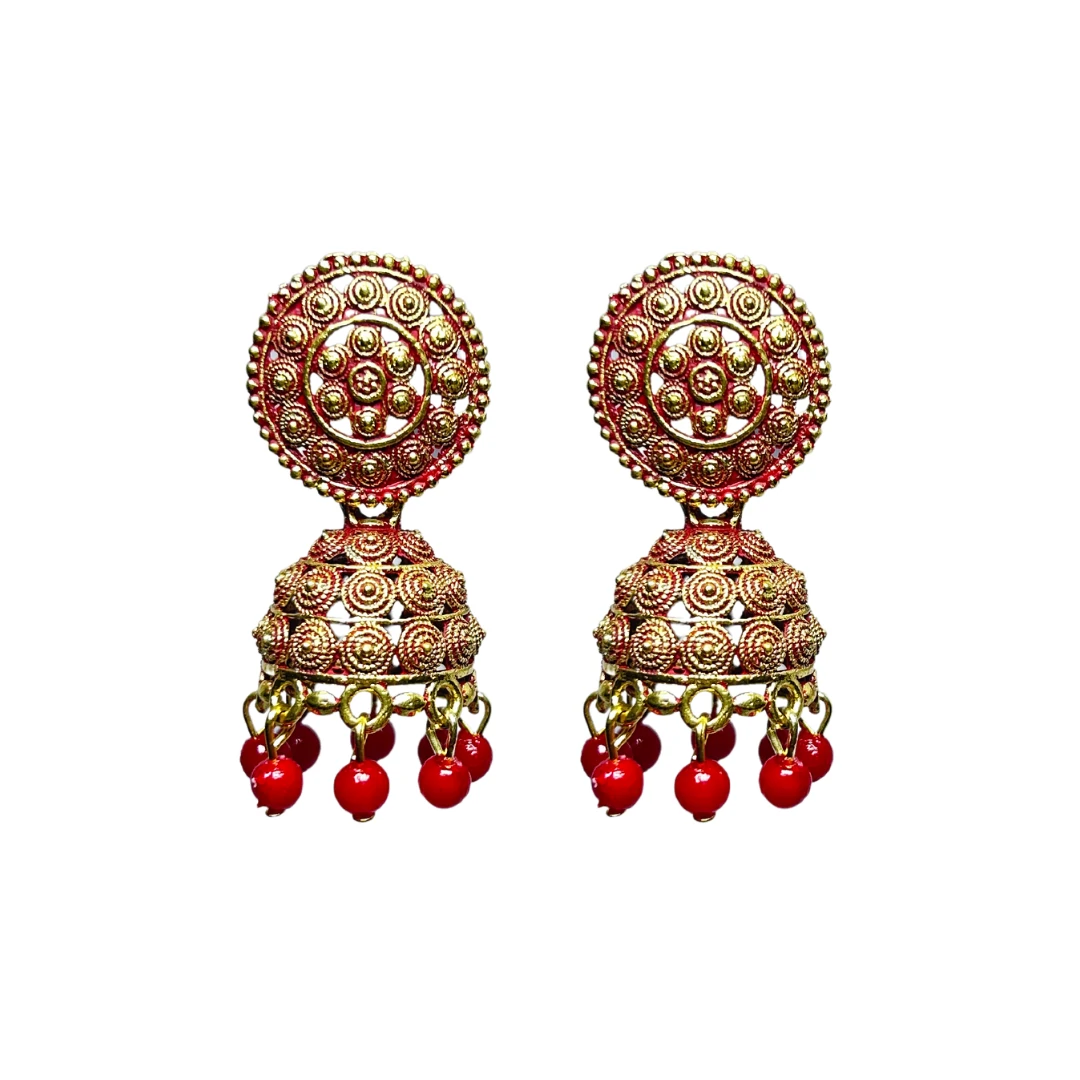 Classic Red & Gold Filigree Jhumka Earrings with Red Bead Drops