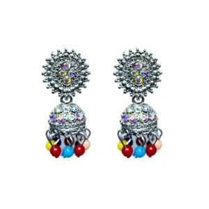 Vibrant Multi-Colour Stone & Bead Oxidised Silver Jhumka Earrings