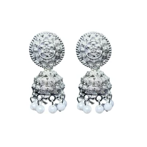 Elegant Oxidised Silver Round Floral Jhumkas with White Pearl Drops
