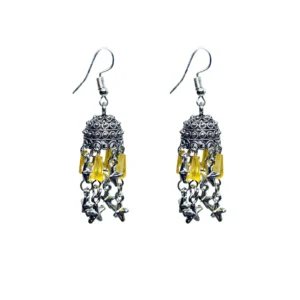 Oxidised Silver Tassel Earrings with Yellow Crystal & Star Charms