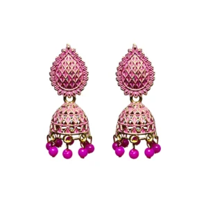 Trendy Matte Pink Metal Jhumkas with Magenta Bead Drops