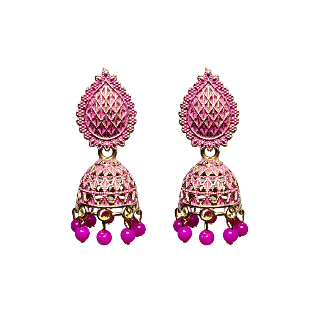 Trendy Matte Pink Metal Jhumkas with Magenta Bead Drops