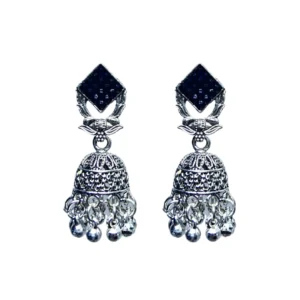 Classic Oxidised Silver Jhumkas with Rhombus Black Stone Stud