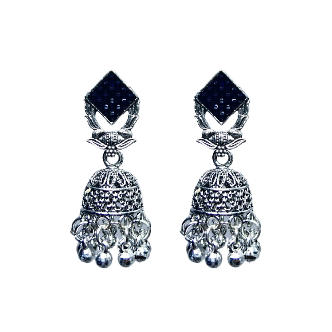 Classic Oxidised Silver Jhumkas with Rhombus Black Stone Stud