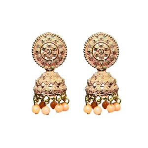 Peach Pink & Gold Filigree Jhumkas with Matching Bead Danglers