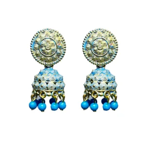 Vibrant Light Blue Meenakari Jhumkas with Gold Filigree Work