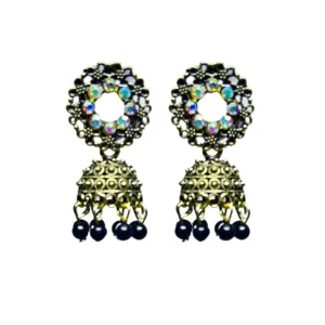 Antique Gold Jhumkas with Multi-Colour Stone Ring Stud and Black Drops