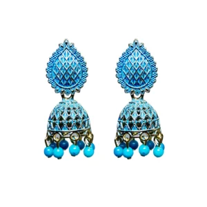 Royal Blue & Silver Meenakari Jhumkas with Blue Bead Drops