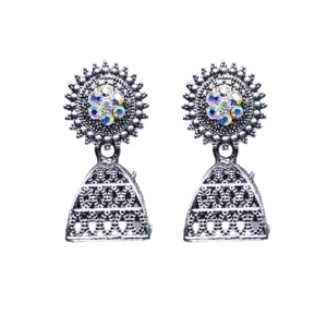 Oxidised Silver Geometric Cage Jhumka with Multi-Stone Stud