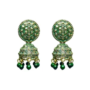 Stunning Green Meenakari Jhumka Earrings with Gold Filigree and Green Drops