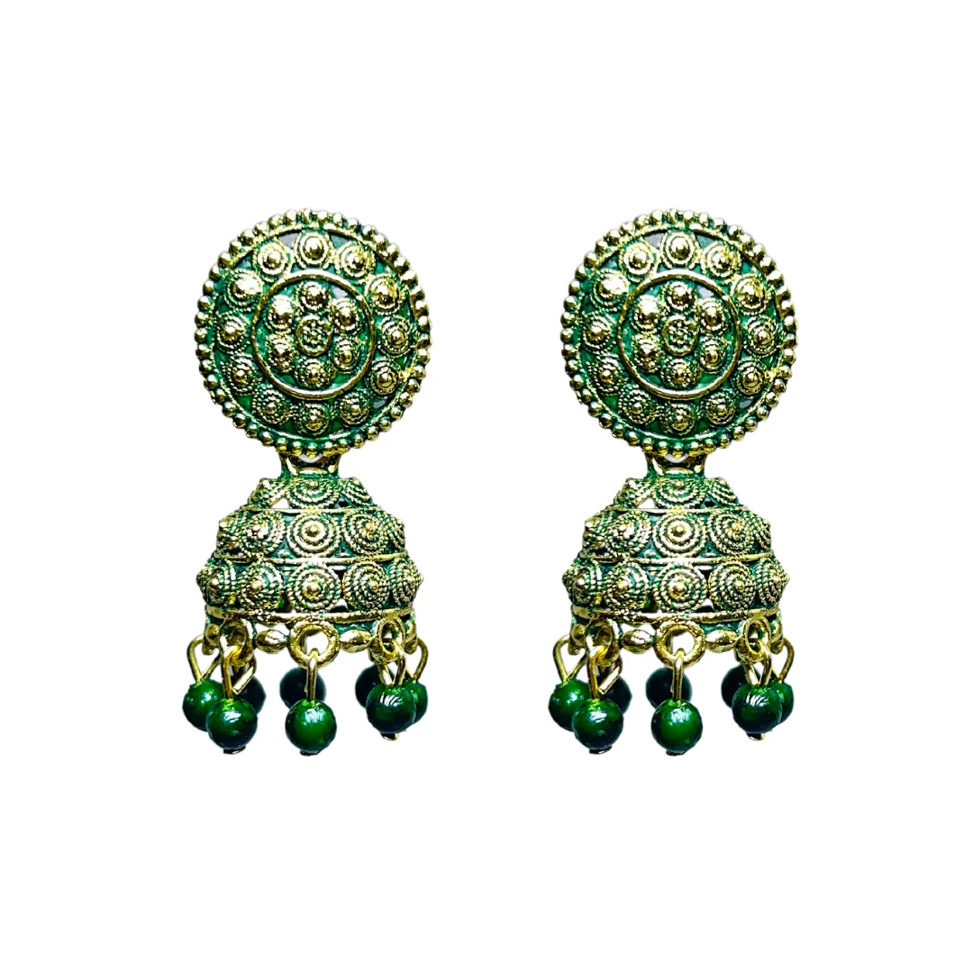 Stunning Green Meenakari Jhumka Earrings with Gold Filigree and Green Drops