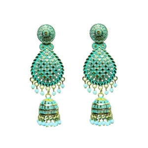 Sea Green & Gold Double Jhumka Dangler Earrings with Aqua Beads