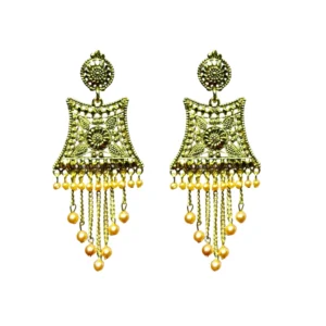 Grand Antique Gold Statement Dangler Earrings with Peach Pearl Tassels