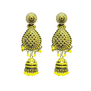 Bright Yellow & Gold Double Jhumka Dangler Earrings