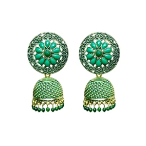 Gorgeous Green Stone & Meenakari Jhumka Earrings in Gold Tone