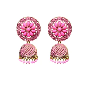 Stunning Pink Stone Floral Jhumkas with Dome and Matching Drops