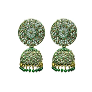 Rich Green Stone Stud Jhumkas with Gold Detailing