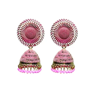 Trendy Spiral Design Pink Metal Jhumka Earrings with Matching Drops