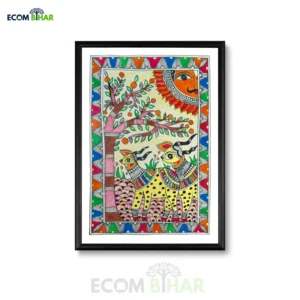 Original Handmade Madhubani Art: The Sun, Tree of Life & Spotted Deer Painting A4 Size