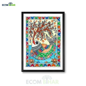 Colourful Handmade Madhubani Fish (Matsya) Painting with Tree of Life Motif A4 Size