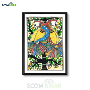 Vibrant Handmade Madhubani Peacocks (Mor) on Tree Painting A4 Size